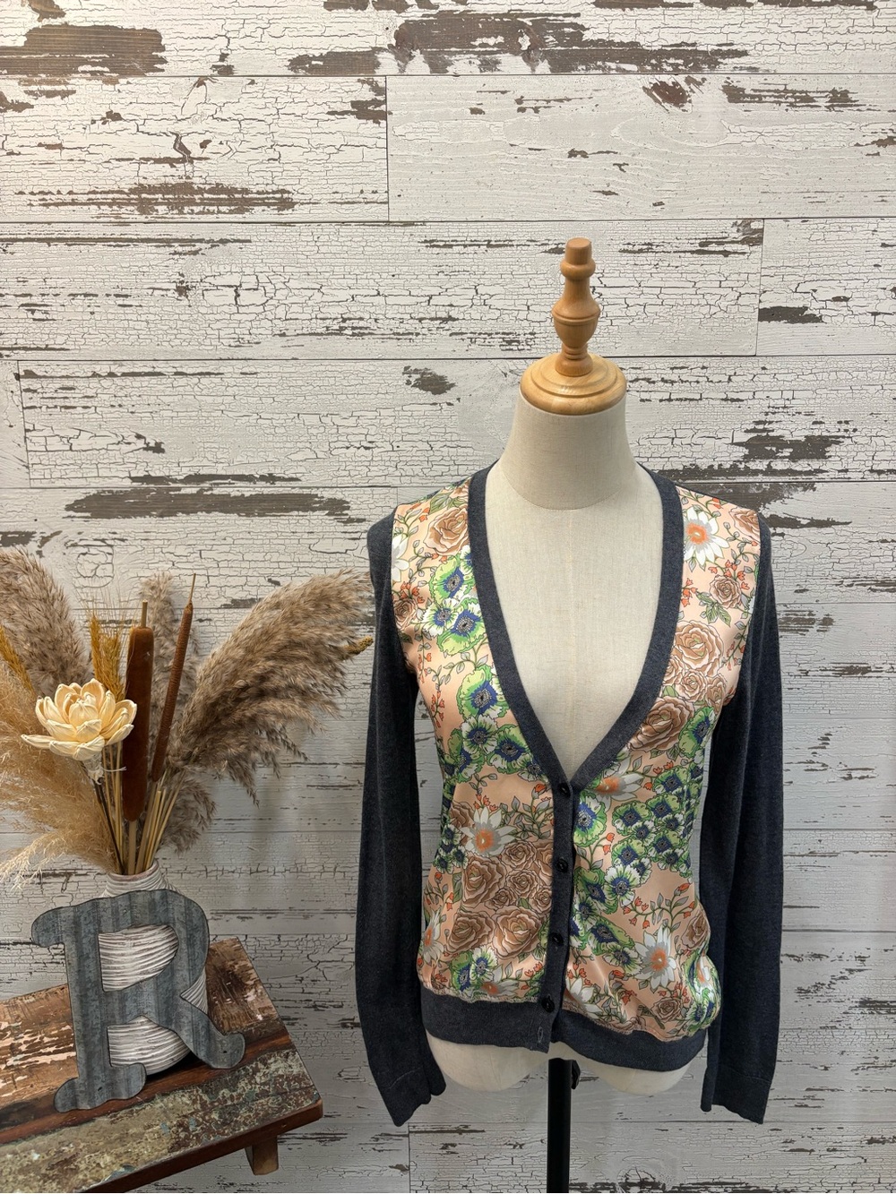 Yellow Bird Anthropologie Peach Floral Front Cardigan with Charcoal Sleeves